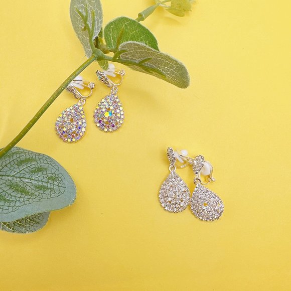 CLIP ON Small Pear Shape AB Color Rhinestone  Earrings - Picture 8 of 10